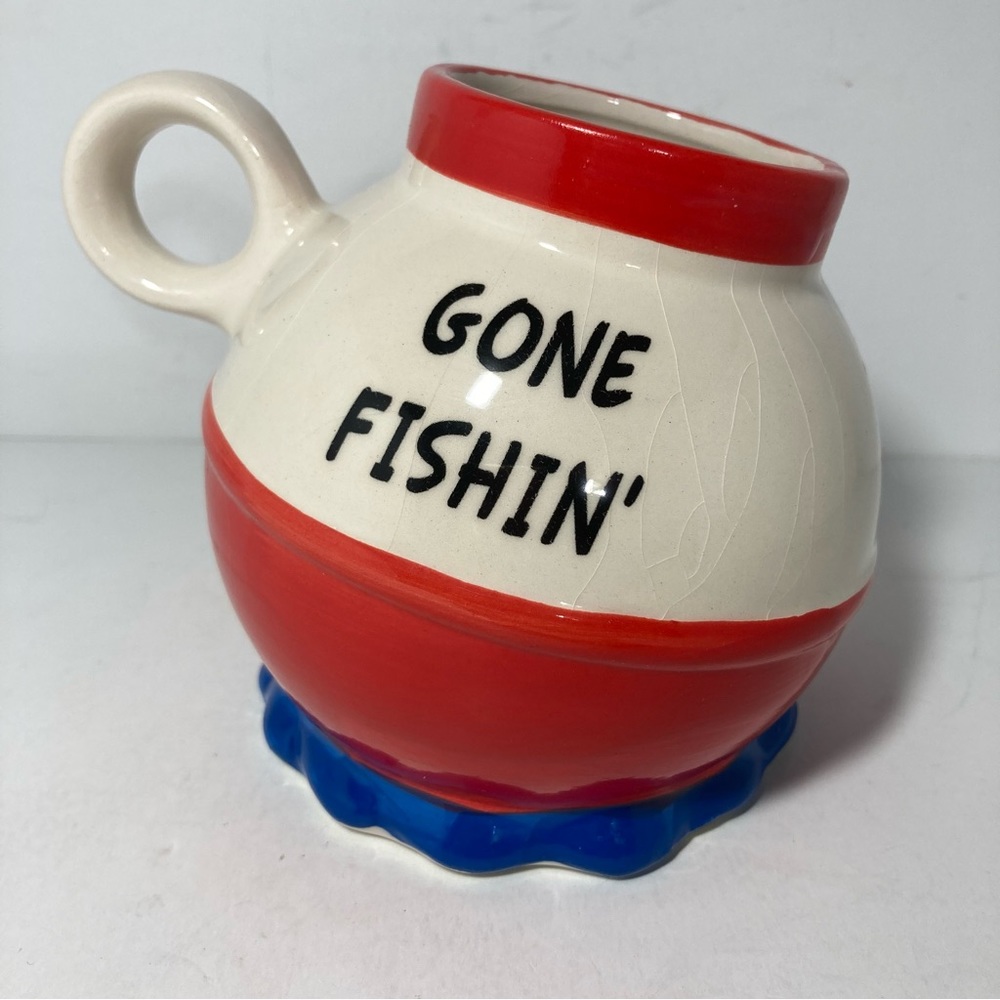 Fishing Bobber Gone Fishin'  Red White Ceramic Coffee Cup Mug by Big Mouth 16 oz - Picture 2 of 11